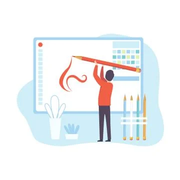 Man Creating Website, Digital Content Technology Process, Social Media Marketing Stock Illustration