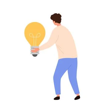 Man with creative idea holding big bright glowing light bulb 스톡 일러스트