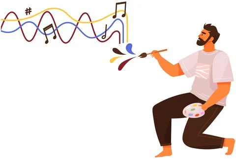 Man in creative process of drawing and creating music. Mental mindset Illustrazione stock