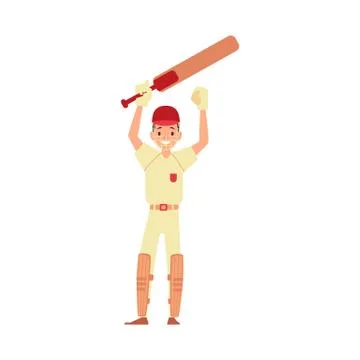 A man cricket player, cricketer and batsman raised his hands with a bat and Illustrazione stock