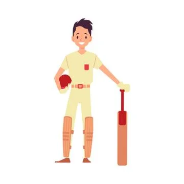 A man cricket player, cricketer and batsman stands by taking a helmet in his Stock Illustration