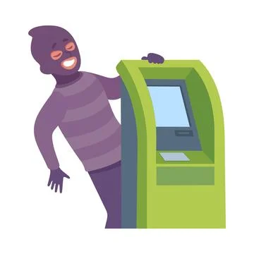 Man Criminal at Bank Terminal Commit Crime and Theft Vector Illustration Stock Illustration