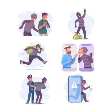 Man Criminal Commit Crime and Theft Vector Set Stock Illustration