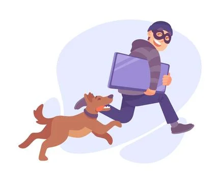 Man Criminal in Mask Escaping with Computer Committing Crime with Dog Chasing Stock Illustration