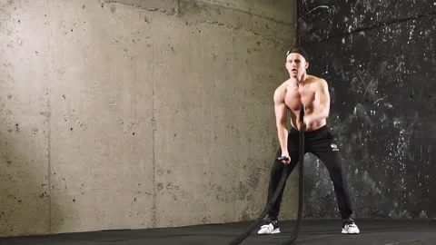 Man Cross-Training With Rope, Slow motion. Stock Footage 86158737