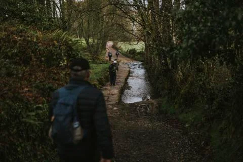 Man crossing a beautiful trekking path in nature. Stock Photos