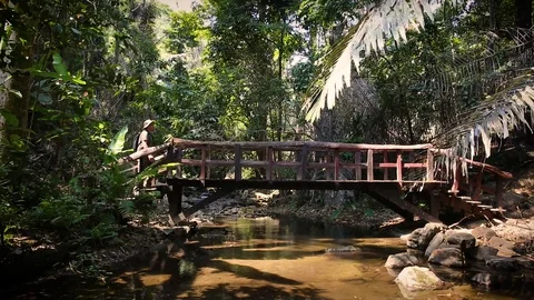 Man crossing Bridge in Thai Forest Stock Footage 104125932