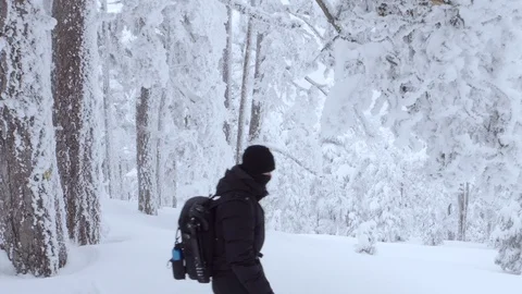 Man crossing the frame  in the freezed wild forest. Stock Footage 86222510
