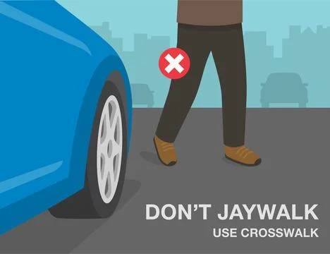 Man crossing the road directly in front of a blue car. Don't jaywalk. Stock Illustration