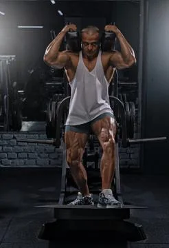Man crouches in Smith machine Stock Photos