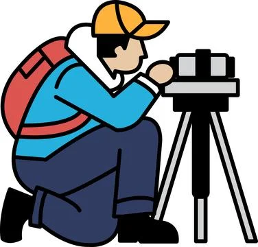 A man is crouching down and looking at a camera Stock Illustration