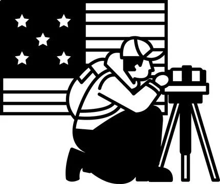 A man is crouching down and looking at a camera Stock Illustration
