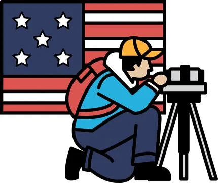 A man is crouching down and taking a picture of an American flag Stock Illustration
