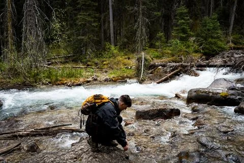 Man crouching by forest stream Stock Photos