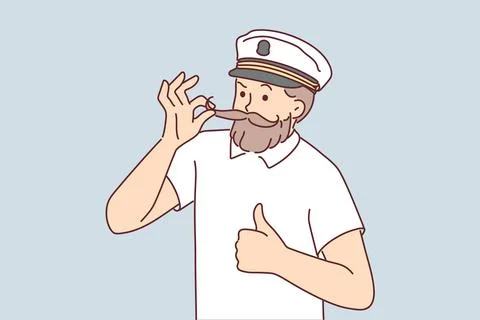 Man cruise ship captain fixes mustache and gives thumbs up suggestion to go on Stock Illustration
