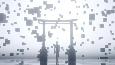 Man Cube on the Sky Background Stock Footage 313922706