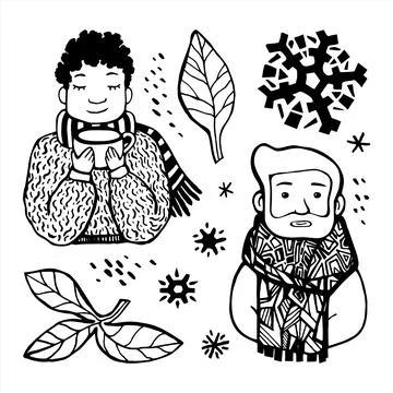 Man with a cup in a sweater. a man with a beard in a scarf. snowflakes and le Stock Illustration