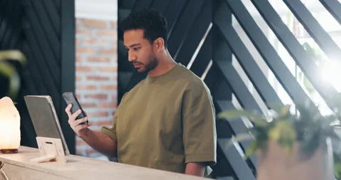 Man, customer and scan with phone at hotel for Qr code, check in and digital Stock Footage 323503468