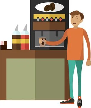Man customer making coffee at self-service store vector icon isolated on white Stock Illustration