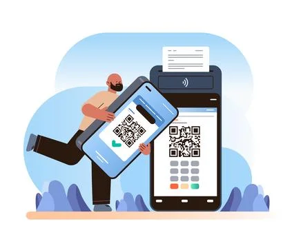 Man customer or shopper using mobile app with qr code and pos-terminal to make a Stock Illustration