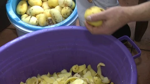 Man cut potatoes in the kitchen Stock Footage 90229895