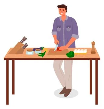 Man Cut Vegetables, Cook on Table in Kitchen Room Stock Illustration