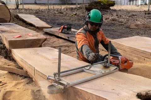 A man cuts boards using a mobile chainsaw mill. Stock Photos