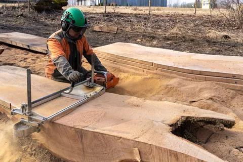 A man cuts boards using a mobile chainsaw mill. Stock Photos