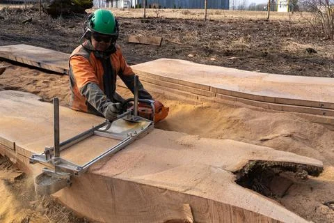 A man cuts boards using a mobile chainsaw mill. Stock Photos