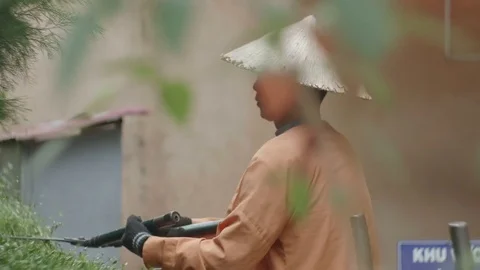 Man cuts the bush Stock Footage 73618659