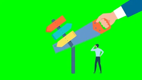 Man cuts direction sign, a pointer with saw. Concept of confusion, no landmarks Stock Footage 346028547