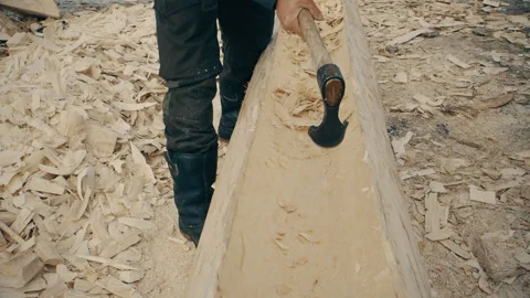 A man cuts down a boat from a tree Stock Footage 104229703