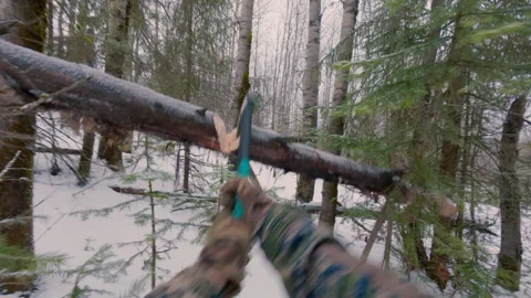 A man cuts off a fallen tree with a sharp axe in winter. Stock Footage 322759205
