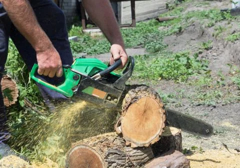A man cuts logs Stock Photos
