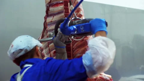 Man cuts meat with a circular saw Stock-Footage 93265255