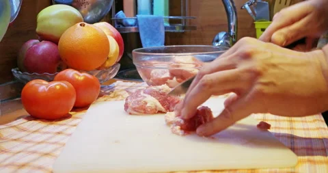 Man cuts meat, close-up Video stock 98466317