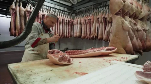 A man cuts meat. Meat line. Meat conveyor Stock Footage 252267911