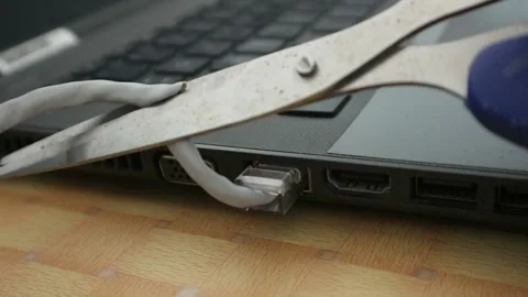Man cuts the Network Cable into a laptop with scissors. Cut the internet network Stock Footage 196803357