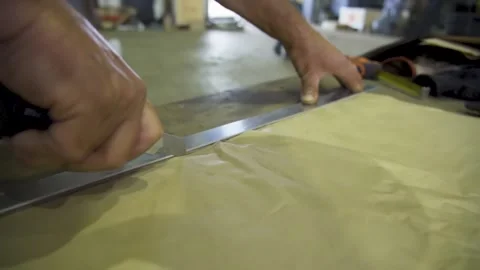 Man cuts paper sheet with utility knife along metal ruler, close-up Stock Footage 314074052