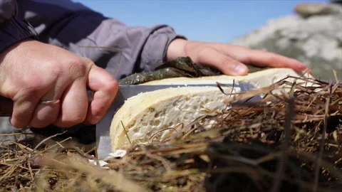 A man cuts off a piece of hard mountain cheese, which is lying on hay, close-up Stockbeeldmateriaal 312916019