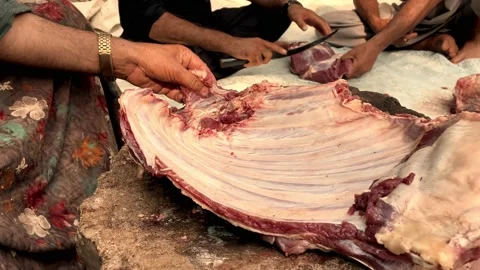 Man cuts piece of raw meat with a bone. Ribs in the hands of the butcher. A t Stock Footage 201290835