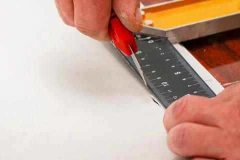 A man cuts a plastic pvc panel with a construction knife Stock-Fotos