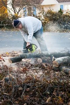 Man Cuts Tree Limbs with a Chainsaw Stock Photos