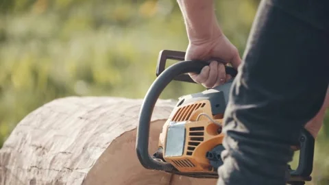 A man cuts trees with electric chainsaw, Lumberjack to cut branches while 库存影片 336570699
