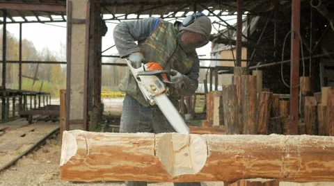Man cuts wood chainsaw for future home. Protective face mask on the face of the Stock Footage 69062170