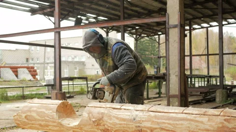 Man cuts wood chainsaw for future home. Protective face mask on the face of the Stock Footage 69066228