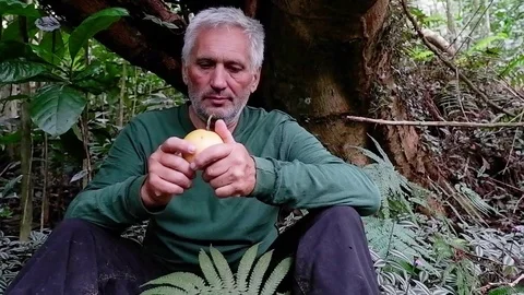 A man cuts a yellow fruit with a knife. Video stock 122878423
