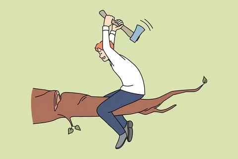 Man cutting branch on which he sit 库存插图