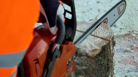 Man cutting chops with a chain saw Stock Footage 64550300