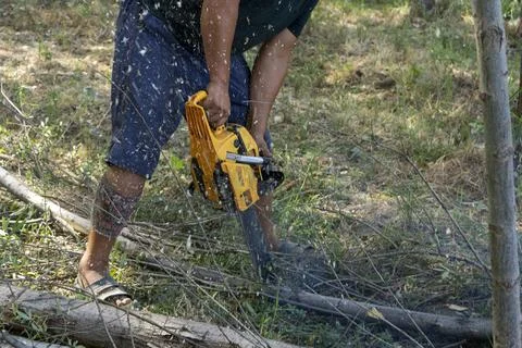 A man cutting a fallen tree with a chainsaw Stockfoto's